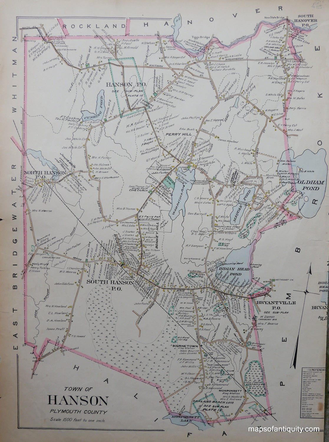 Antique-Hand-Colored-Map-Town-of-Hanson-(MA)-Massachusetts--1903-Richards-Maps-Of-Antiquity