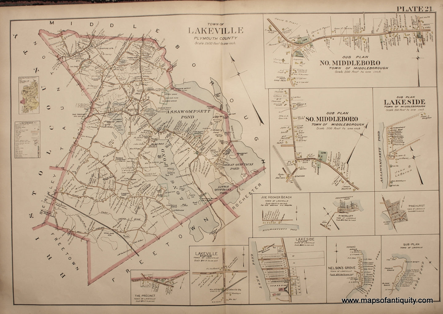 Antique-Hand-Colored-Map-Town-of-Lakeville-Lakeside-and-North-and-South-Middleboro-(MA)-Massachusetts--1903-Richards-Maps-Of-Antiquity