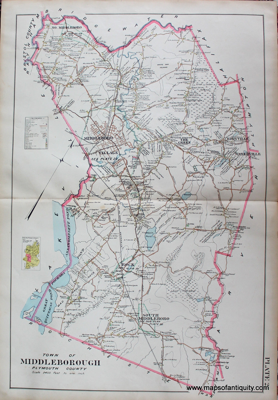 Antique-Hand-Colored-Map-Town-of-Middleborough-(MA)-Massachusetts--1903-Richards-Maps-Of-Antiquity