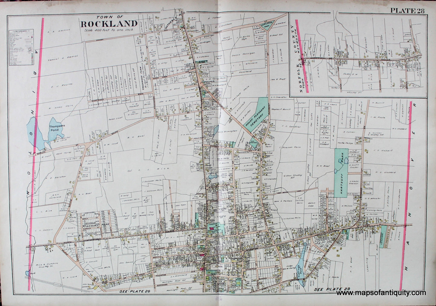 Antique-Hand-Colored-Map-Town-of-Rockland-(MA)-Massachusetts--1903-Richards-Maps-Of-Antiquity