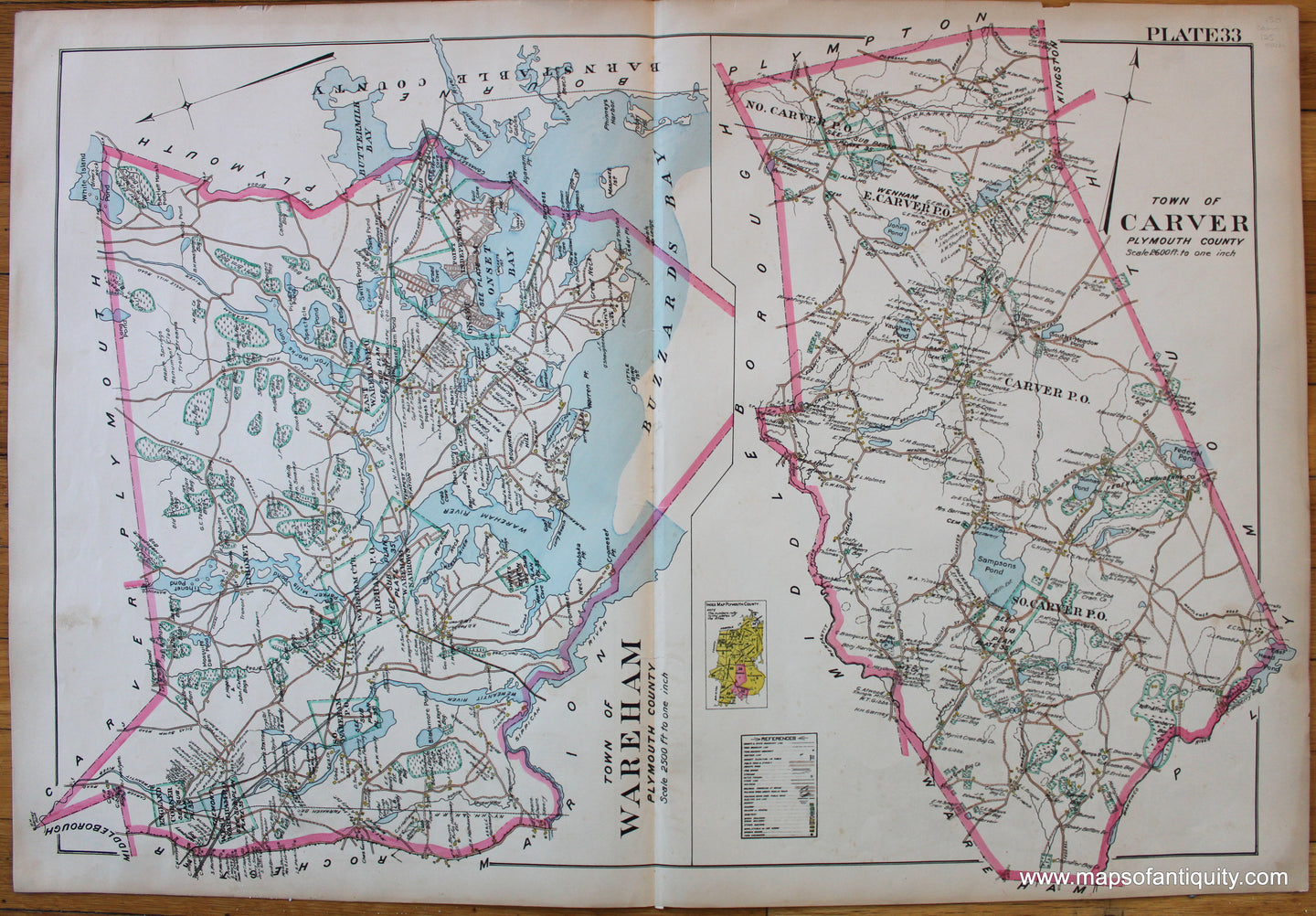 Antique-Hand-Colored-Map-Town-of-Wareham-Town-of-Carver-(MA)-**********-Massachusetts--1903-Richards-Maps-Of-Antiquity