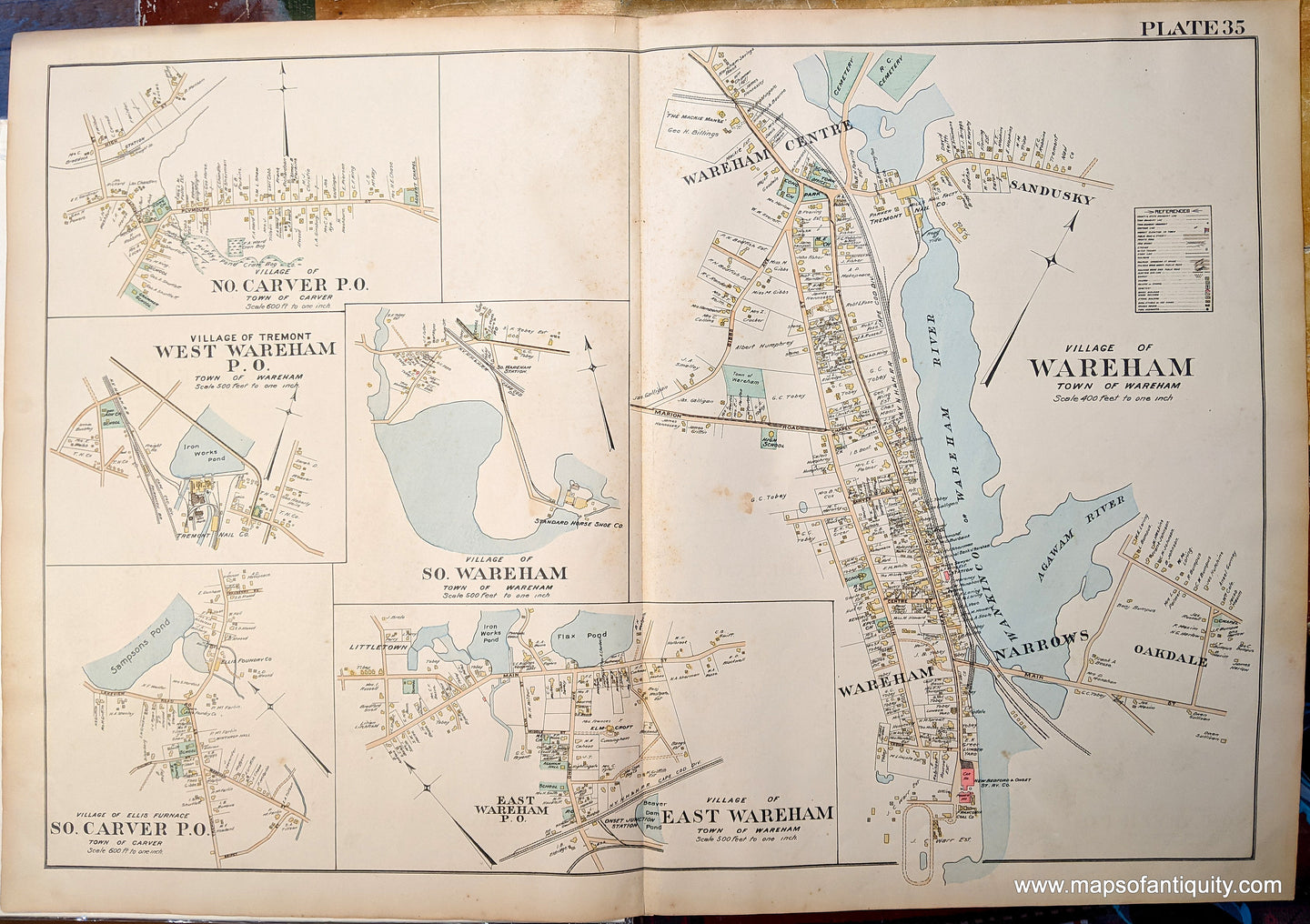 Antique-Hand-Colored-Map-Village-of-Wareham--(MA)-Massachusetts--1903-Richards-Maps-Of-Antiquity