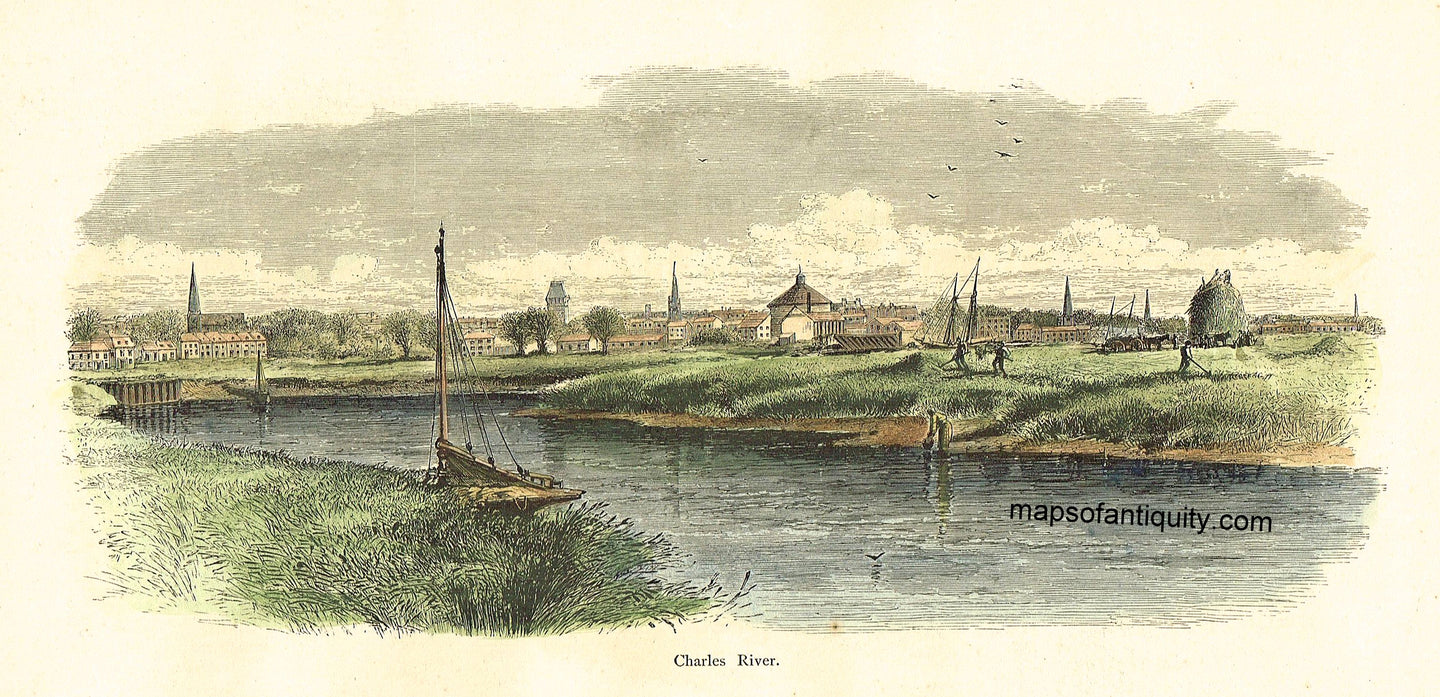 Hand-Colored-Antique-Engraving-Charles-River-Massachusetts--1872-Picturesque-America-Maps-Of-Antiquity
