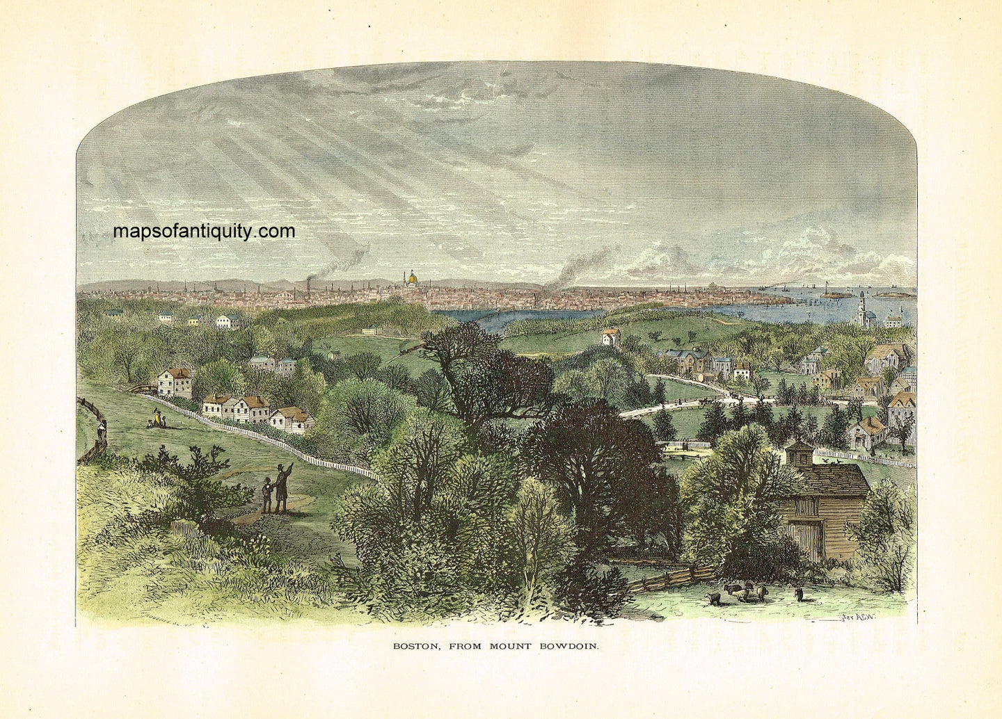 Hand-Colored-Antique-Engraving-Boston-From-Mount-Bowdoin---Mass.----1872-Picturesque-America-Maps-Of-Antiquity