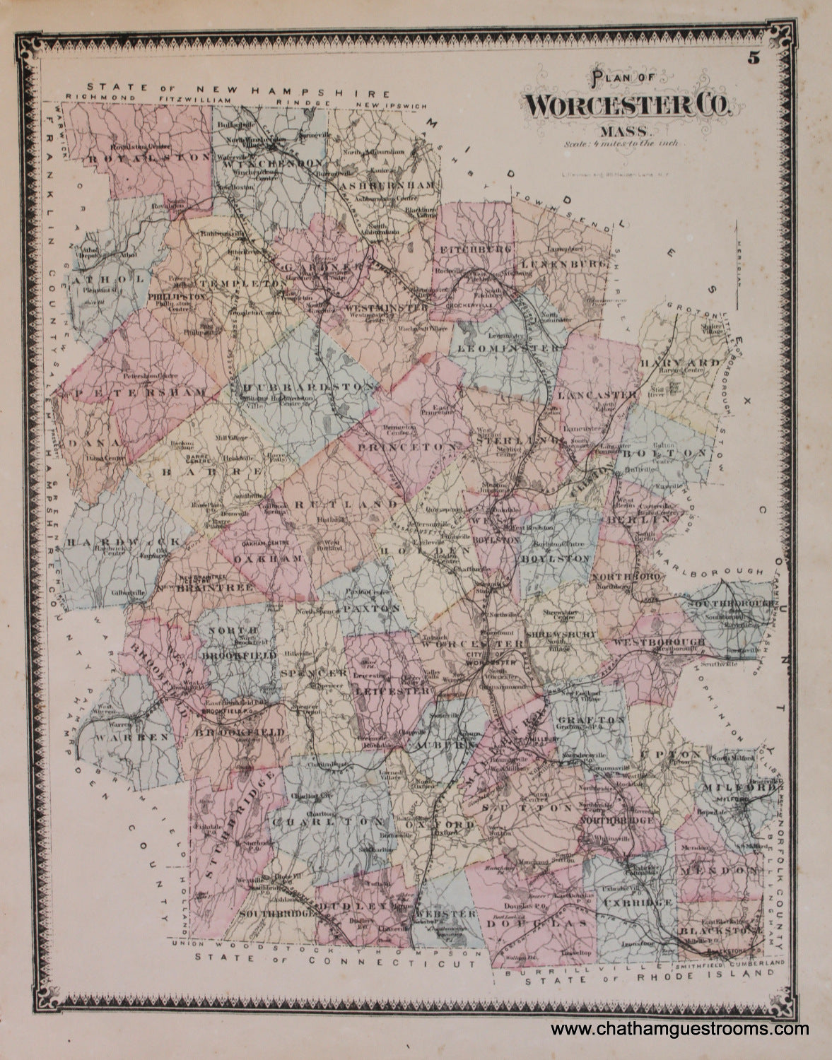 Antique-Hand-Colored-Map-Plan-of-Worcester-Co.-Mass.-p.-5-Massachusetts-Worcester-County-1870-Beers-Maps-Of-Antiquity