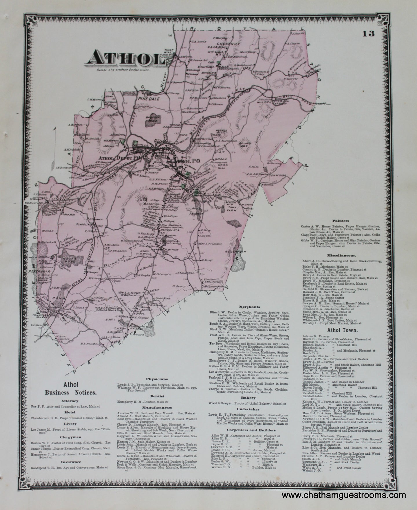 Antique-Hand-Colored-Map-Athol-p.-13-(MA)-Massachusetts-Worcester-County-1870-Beers-Maps-Of-Antiquity