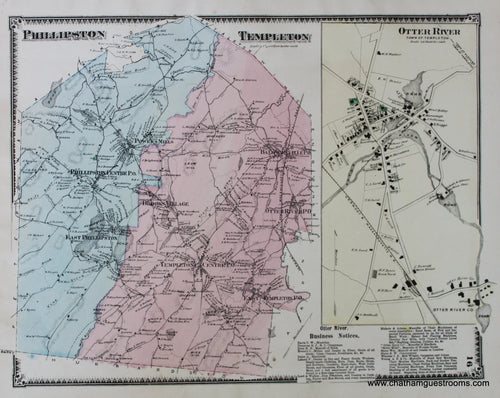 Antique-Hand-Colored-Map-Phillipston-Templeton-Otter-River-p.-16-(MA)-Massachusetts-Worcester-County-1870-Beers-Maps-Of-Antiquity