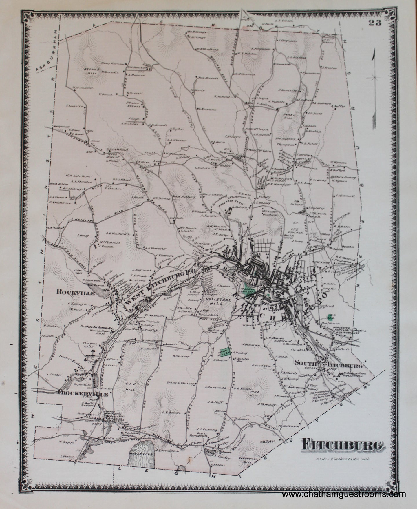 Antique-Hand-Colored-Map-Fitchburg-p.-23-(MA)-Massachusetts-Worcester-County-1870-Beers-Maps-Of-Antiquity