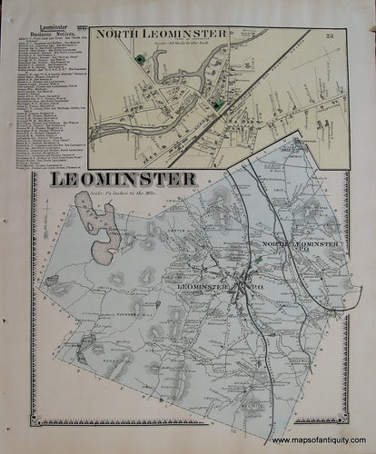 Antique-Hand-Colored-Map-North-Leominster-Leominster-p.-28-(MA)-Massachusetts-Worcester-County-1870-Beers-Maps-Of-Antiquity
