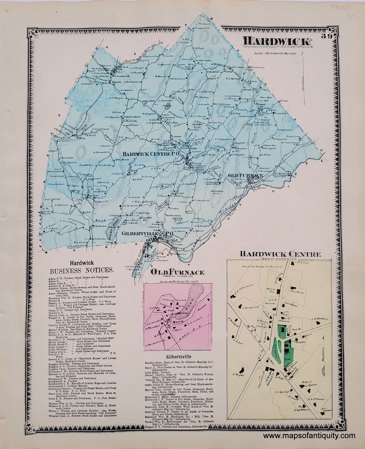Antique-Hand-Colored-Map-Hardwick-p.-39-(MA)-Massachusetts-Worcester-County-1870-Beers-Maps-Of-Antiquity