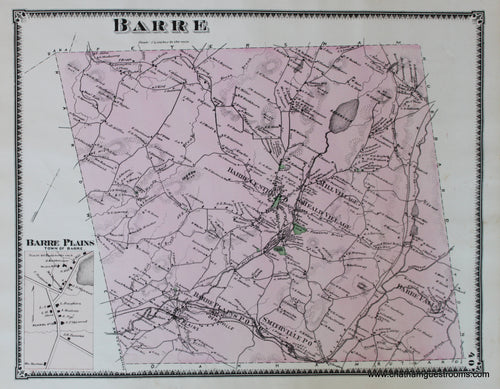 Antique-Hand-Colored-Map-Barre-p.-40-(MA)-Massachusetts-Worcester-County-1870-Beers-Maps-Of-Antiquity