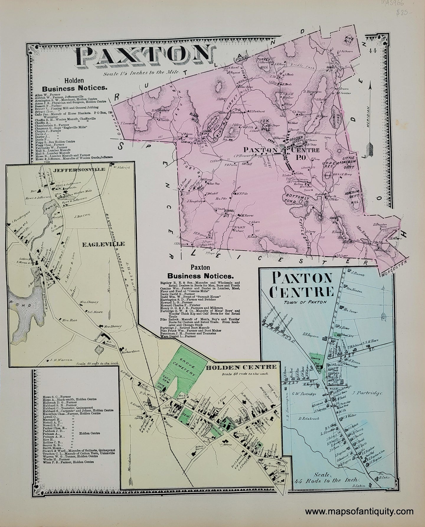 1870 - Paxton, Paxton Centre, Eagleville, Holden Centre p. 44 (MA) - Antique Map