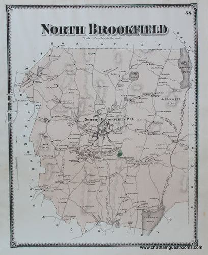 Antique-Hand-Colored-Map-North-Brookfield-p.-54-(MA)-Massachusetts-Worcester-County-1870-Beers-Maps-Of-Antiquity