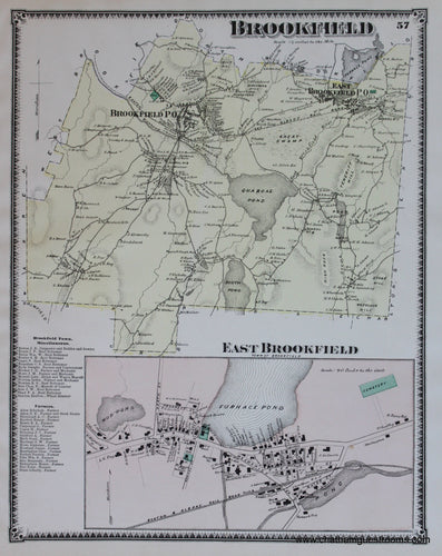 Antique-Hand-Colored-Map-Brookfield-East-Brookfield-p.-57-(MA)-Massachusetts-Worcester-County-1870-Beers-Maps-Of-Antiquity