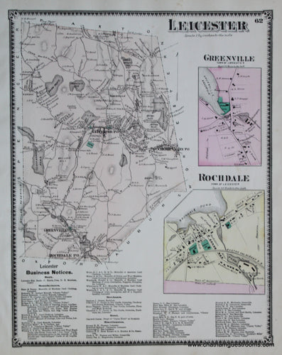 Antique-Hand-Colored-Map-Leicester-p.-62-(MA)-Massachusetts-Worcester-County-1870-Beers-Maps-Of-Antiquity