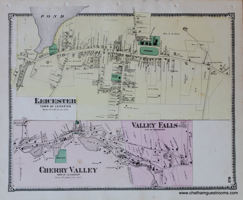 Antique-Hand-Colored-Map-Leicester-Cherry-Valley-Valley-Falls-p.-63-(MA)-Massachusetts-Worcester-County-1870-Beers-Maps-Of-Antiquity