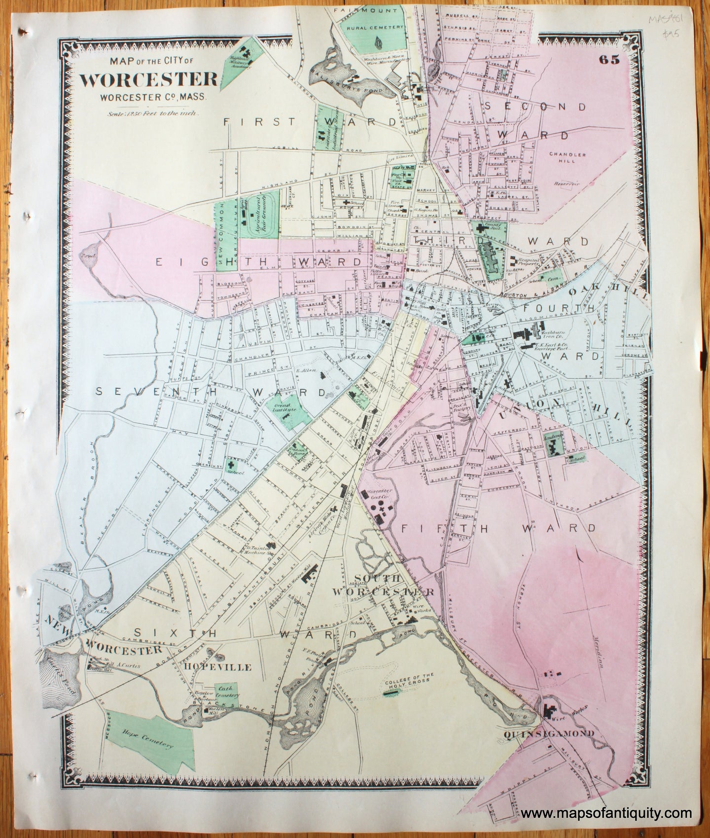 Antique-Hand-Colored-Map-City-of-Worcester-(MA)--Massachusetts-Worcester-County-1870-Beers-Maps-Of-Antiquity