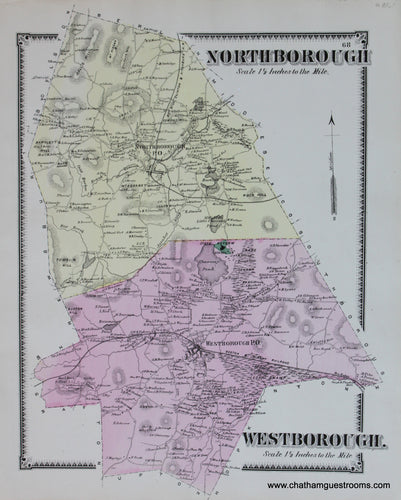 Antique-Hand-Colored-Map-Northborough-Westborough--(MA)-Massachusetts-Worcester-County-1870-Beers-Maps-Of-Antiquity