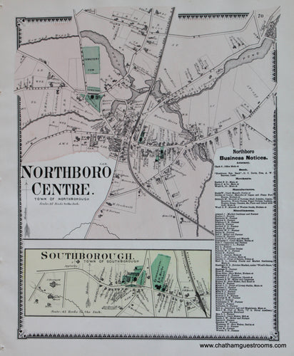 Antique-Hand-Colored-Map-Northboro-Centre-Southborough-p.-70-(MA)-Massachusetts-Worcester-County-1870-Beers-Maps-Of-Antiquity