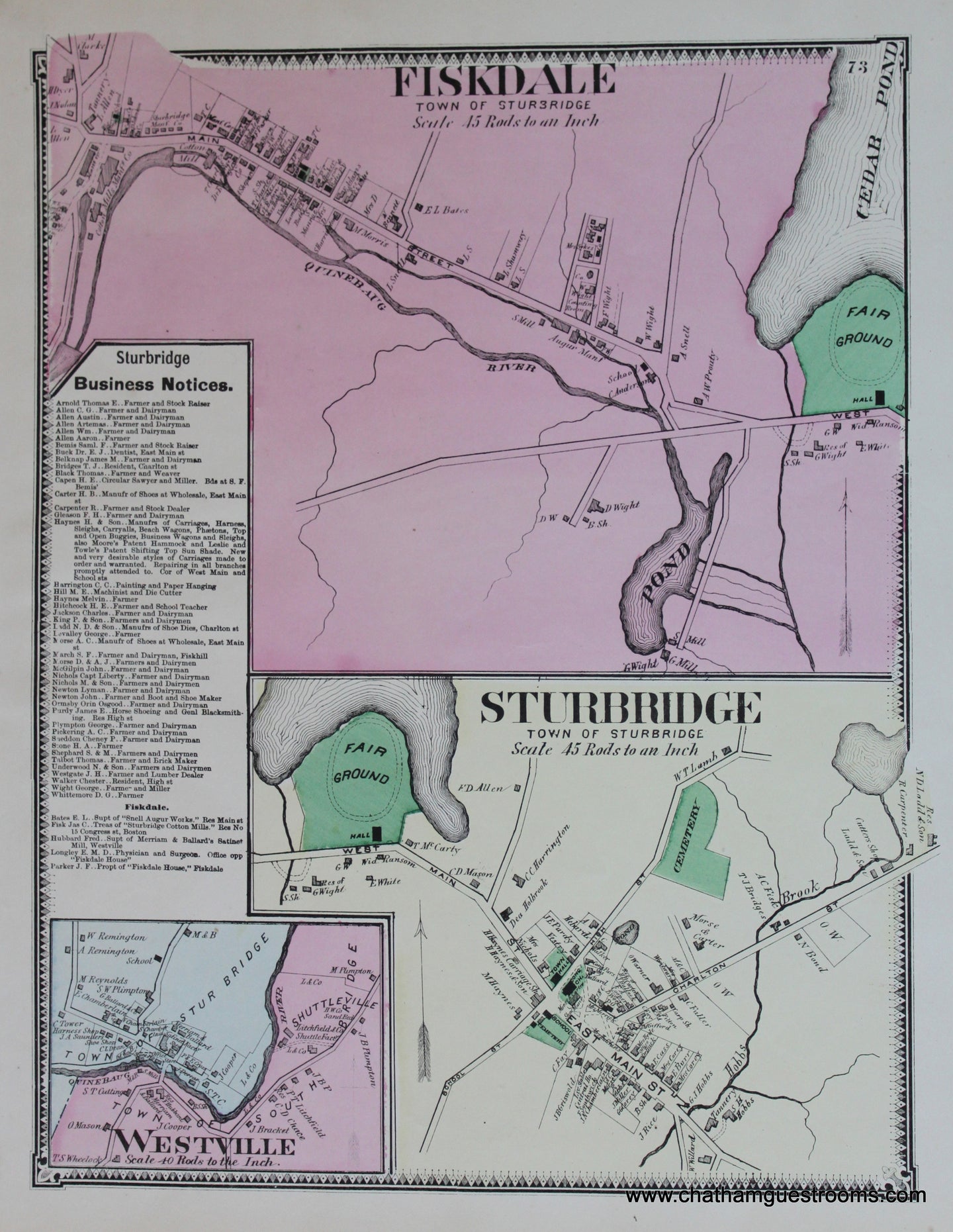 Antique-Hand-Colored-Map-Fiskdale-Sturbridge-p.-73-(MA)-Massachusetts-Worcester-County-1870-Beers-Maps-Of-Antiquity