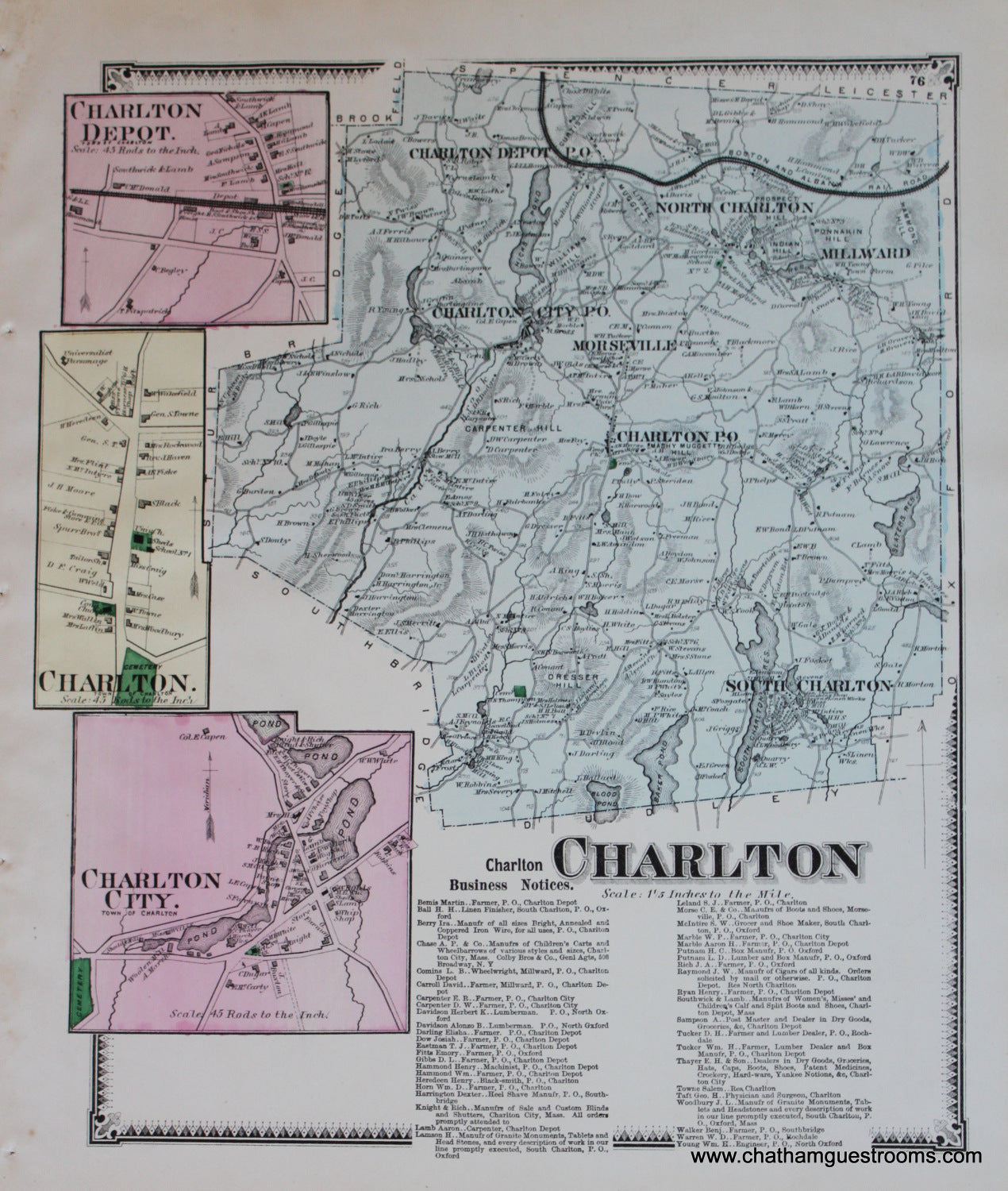Antique-Hand-Colored-Map-Charlton-p.-76-(MA)-Massachusetts-Worcester-County-1870-Beers-Maps-Of-Antiquity