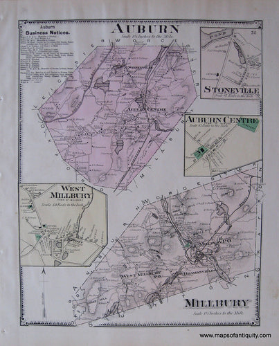 Antique-Hand-Colored-Map-Auburn-Auburn-Centre-Millbury-West-Millbury-p.-78-(MA)-Massachusetts-Worcester-County-1870-Beers-Maps-Of-Antiquity