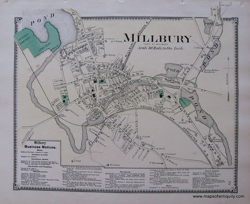 Antique-Hand-Colored-Map-Millbury-p.-79-(MA)-Massachusetts-Worcester-County-1870-Beers-Maps-Of-Antiquity