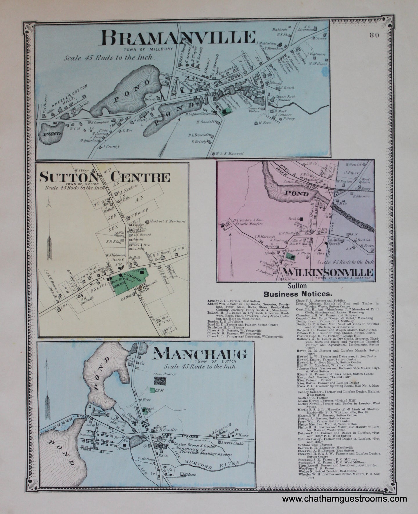 Antique-Hand-Colored-Map-Bramanville-Sutton-Centre-Manchaug-Wilkinsonville-p.-80-(MA)-Massachusetts-Worcester-County-1870-Beers-Maps-Of-Antiquity