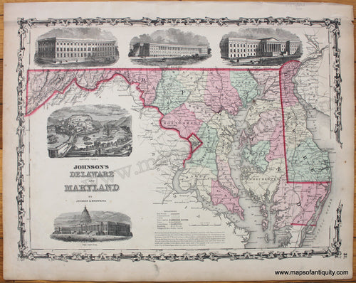 Antique-Map-Johnson's-Delaware-and-Maryland-By-Johnson-&-Browning-The-Capitol-Harper's-Ferry-Patent-Office-Treasury-Buildings-General-Post-Office-1861-1860s-1800s-Mid-Late-19th-Century-Maps-of-Antiquity