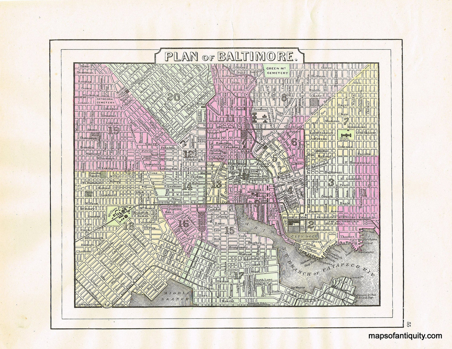 Hand-colored-Map-Plan-of-Baltimore-United-States-Mid-Atlantic-1894-Wanamaker-and-Smith-Maps-Of-Antiquity