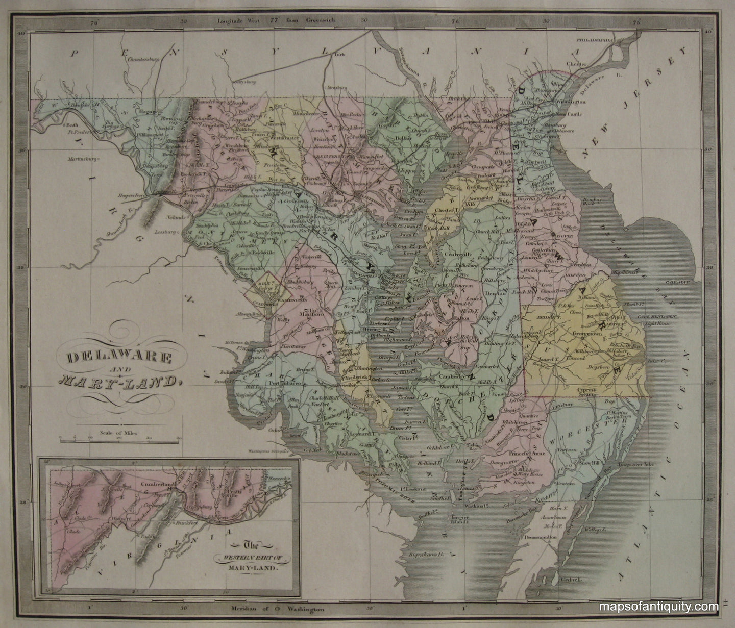 Antique-Hand-Colored-Map-Delaware-and-Mary-Land.-United-States-Mid-Atlantic-1848-Jeremiah-Greenleaf-Maps-Of-Antiquity