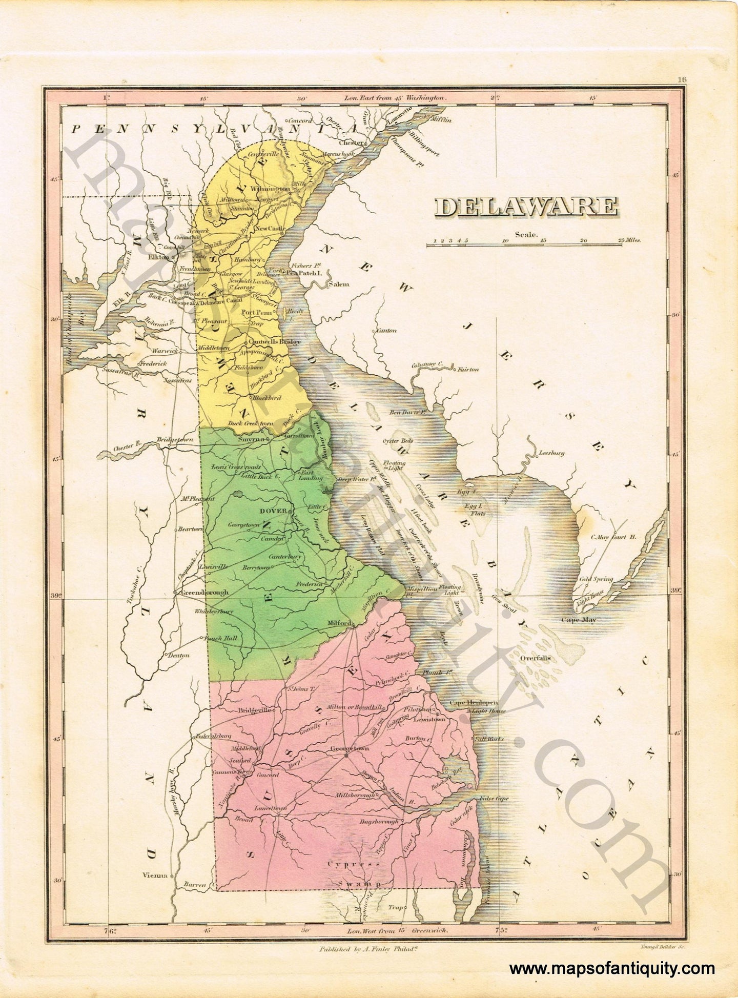 Antique-Hand-Colored-Map-Delaware-United-States-Mid-Atlantic-1827-Anthony-Finley-Maps-Of-Antiquity