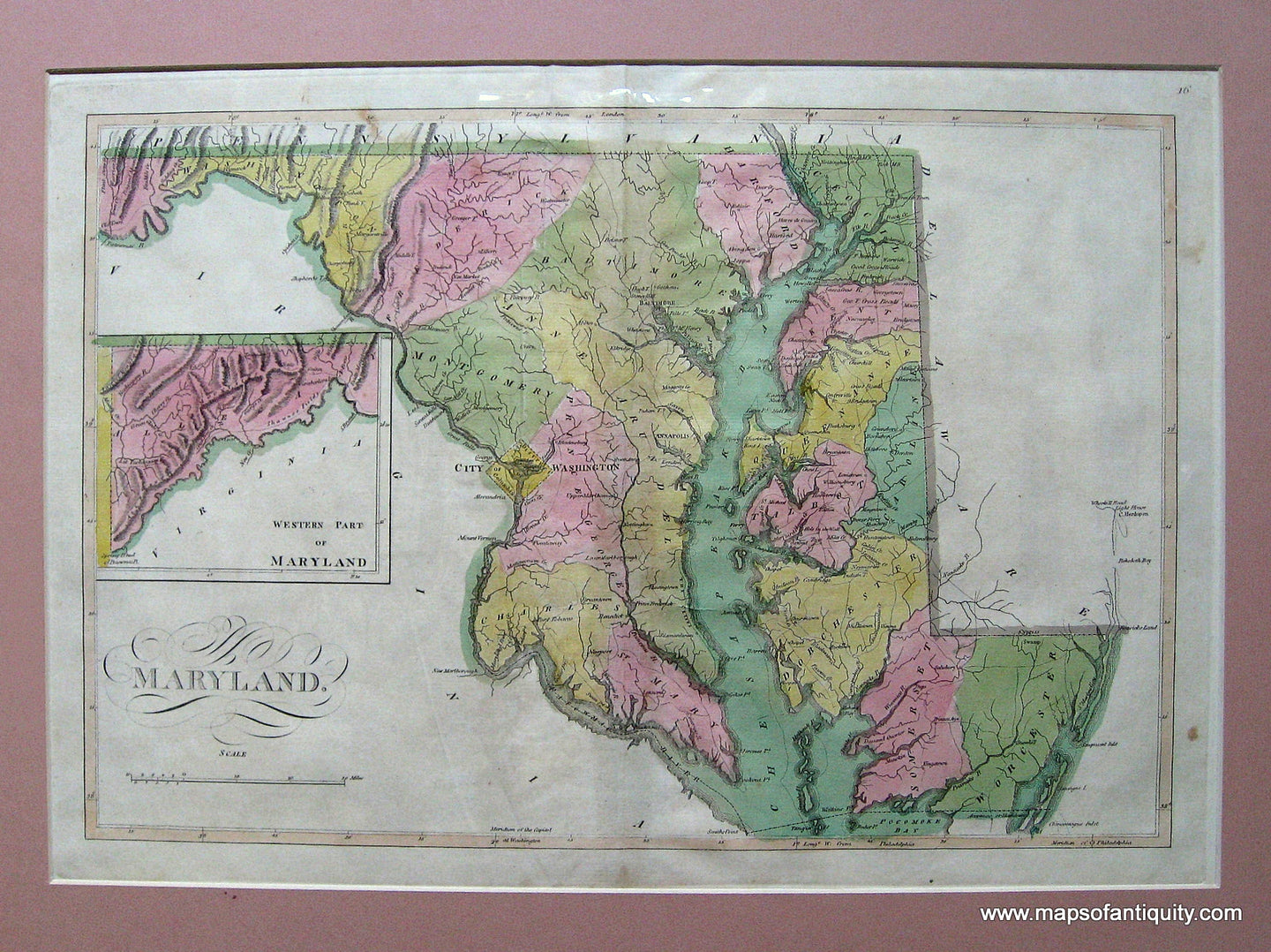 Antique-Hand-Colored-Map-Maryland.-United-States-Mid-Atlantic-1814-Mathew-Carey-Maps-Of-Antiquity