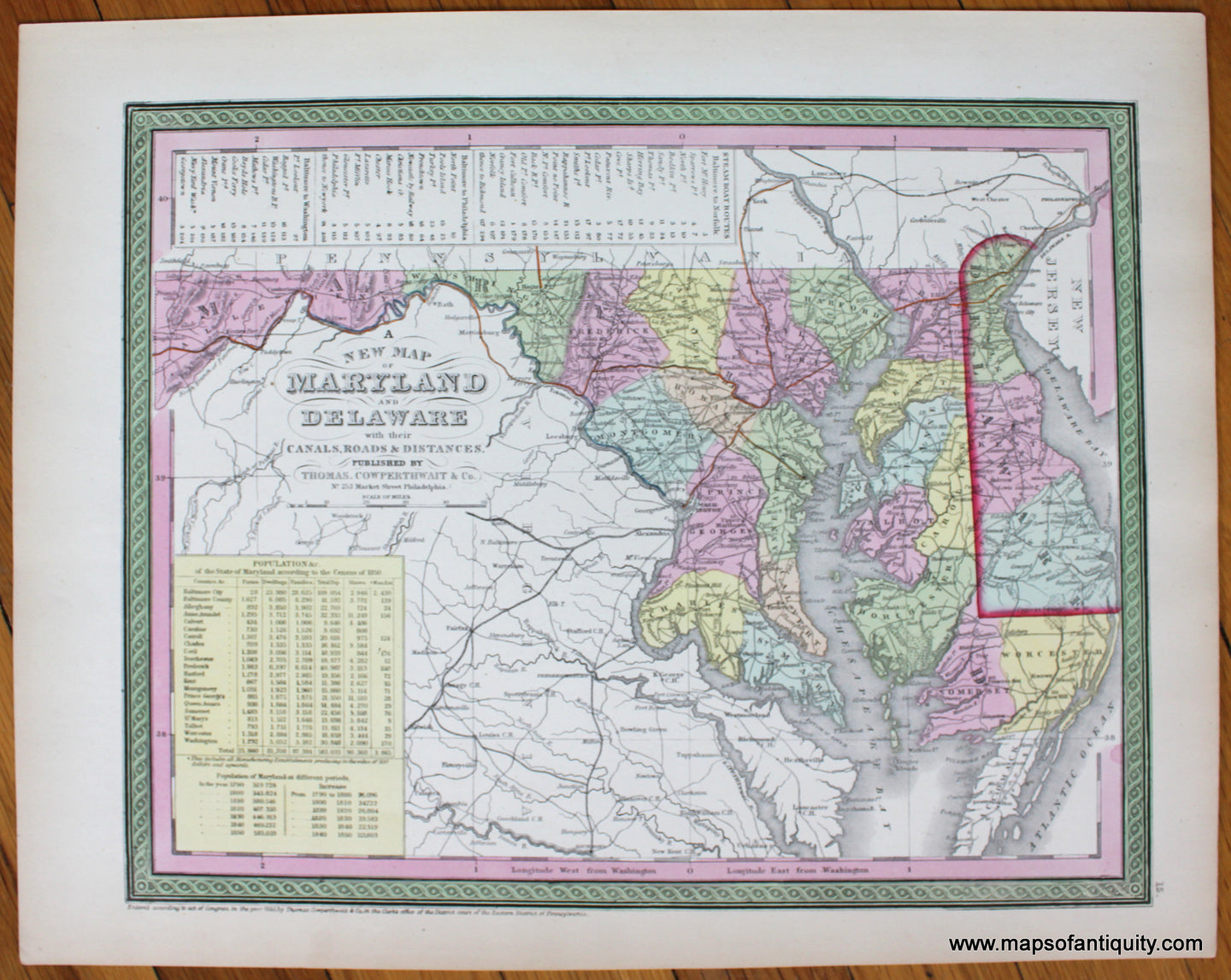 Antique-Hand-Colored-Map-A-New-Map-of-Maryland-and-Delaware-with-their-Canals-Roads-&-Distances.--**********-United-States-Mid-Atlantic-1854-Mitchell/Cowperthwait-Desilver-&-Butler-Maps-Of-Antiquity