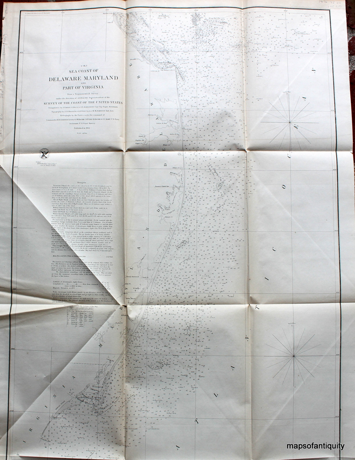 Antique-Black-and-White-Coastal-Survey-Chart-Sea-Coast-of-Delaware-Maryland-and-Part-of-Virginia-Midatlantic--1852-U.S.-Coast-Survey-Maps-Of-Antiquity