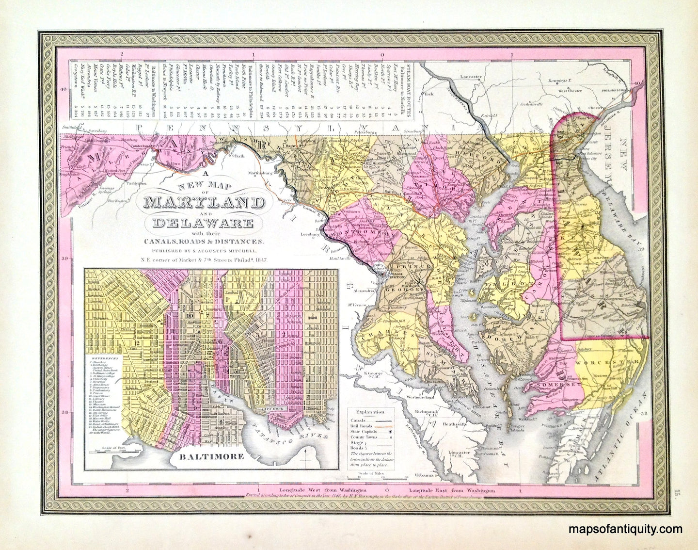 Antique-Hand-Colored-Map-A-New-Map-of-Maryland-and-Delaware-with-their-Canals-Roads-&-Distances.-United-States-Mid-Atlantic-1847-Mitchell/Cowperthwait-Desilver-&-Butler-Maps-Of-Antiquity