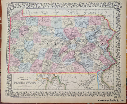 Antique-Hand-Colored-Map-County-Map-of-the-State-of-Pennsylvania-United-States-Mid-Atlantic-1865-Mitchell-Maps-Of-Antiquity