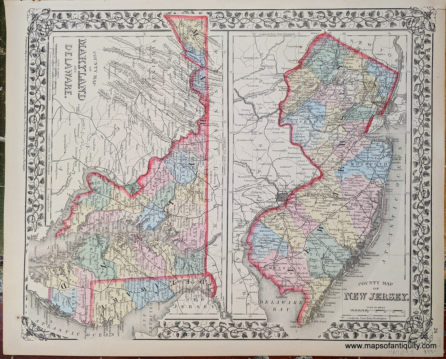 Antique-Hand-Colored-Map-County-Map-of-New-Jersey-Maryland-and-Delaware-United-States-Mid-Atlantic-1866-Mitchell-Maps-Of-Antiquity