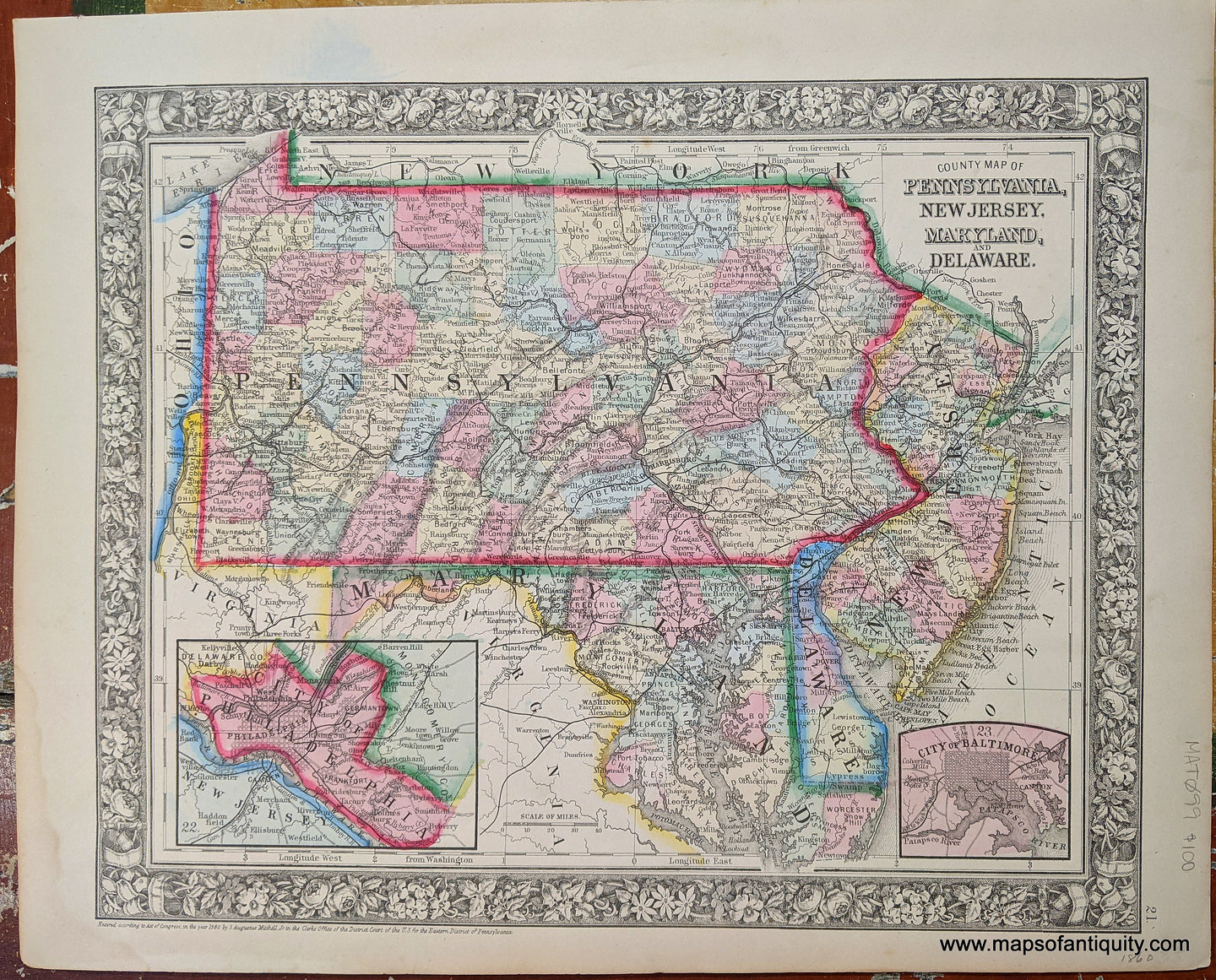 Antique-Hand-Colored-Map-County-Map-of-Pennsylvania-New-Jersey-Maryland-and-Delaware.-United-States-Mid-Atlantic-1860-Mitchell-Maps-Of-Antiquity
