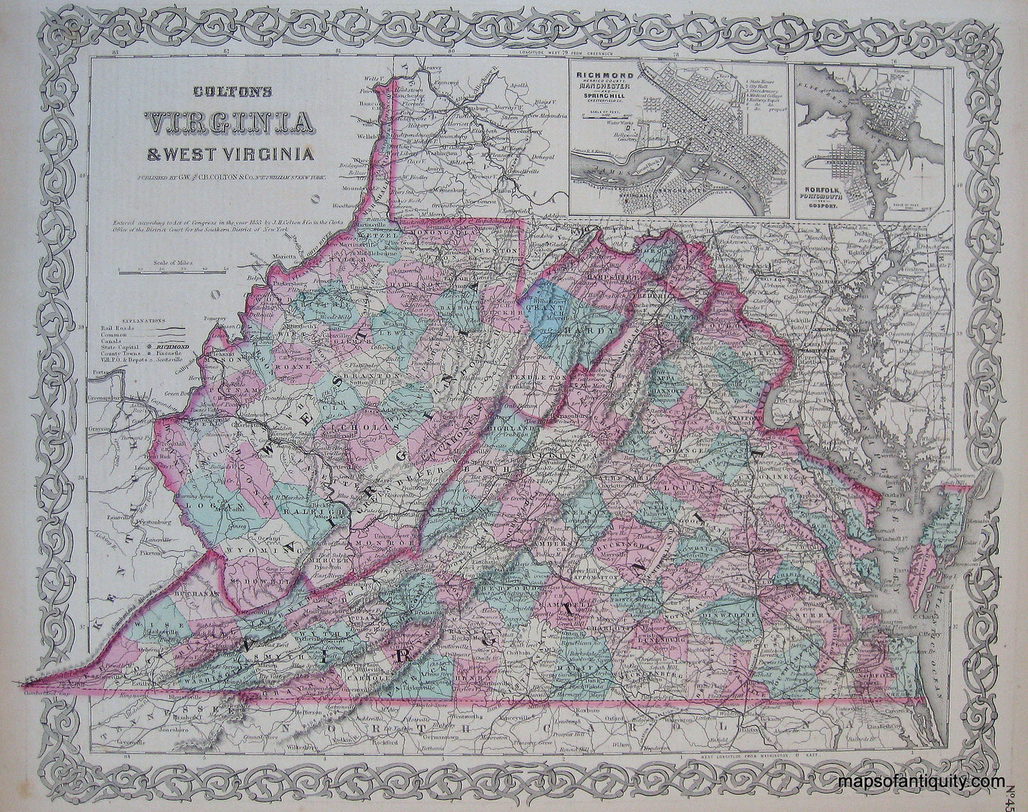 Antique-Hand-Colored-Map-Colton's-Virginia-and-West-Virginia-******-United-States-Virginia-1871-Colton-Maps-Of-Antiquity