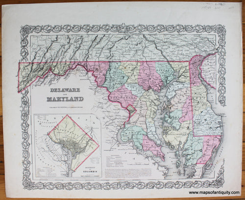 Antique-Hand-Colored-Map-Colton's-Delaware-and-Maryland-United-States-Delaware-c.-1860-Colton-Maps-Of-Antiquity