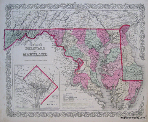 Antique-Hand-Colored-Map-Colton's-Delaware-and-Maryland-United-States-Delaware-c.-1867-Colton-Maps-Of-Antiquity