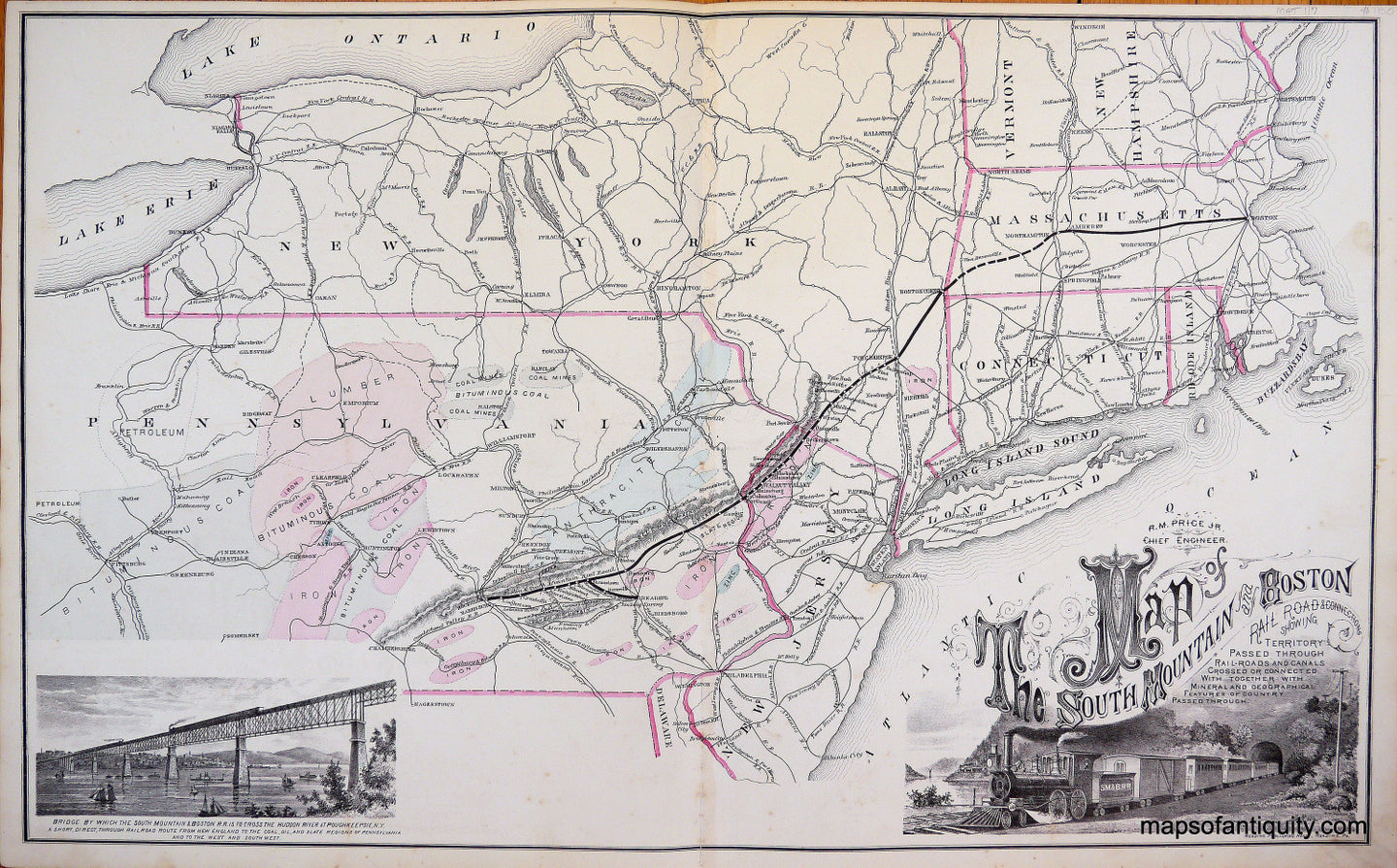 Antique-Hand-Colored-Map-Map-of-the-South-Mountain-and-Boston-Railroad-******-United-States--1876-Gray-Maps-Of-Antiquity