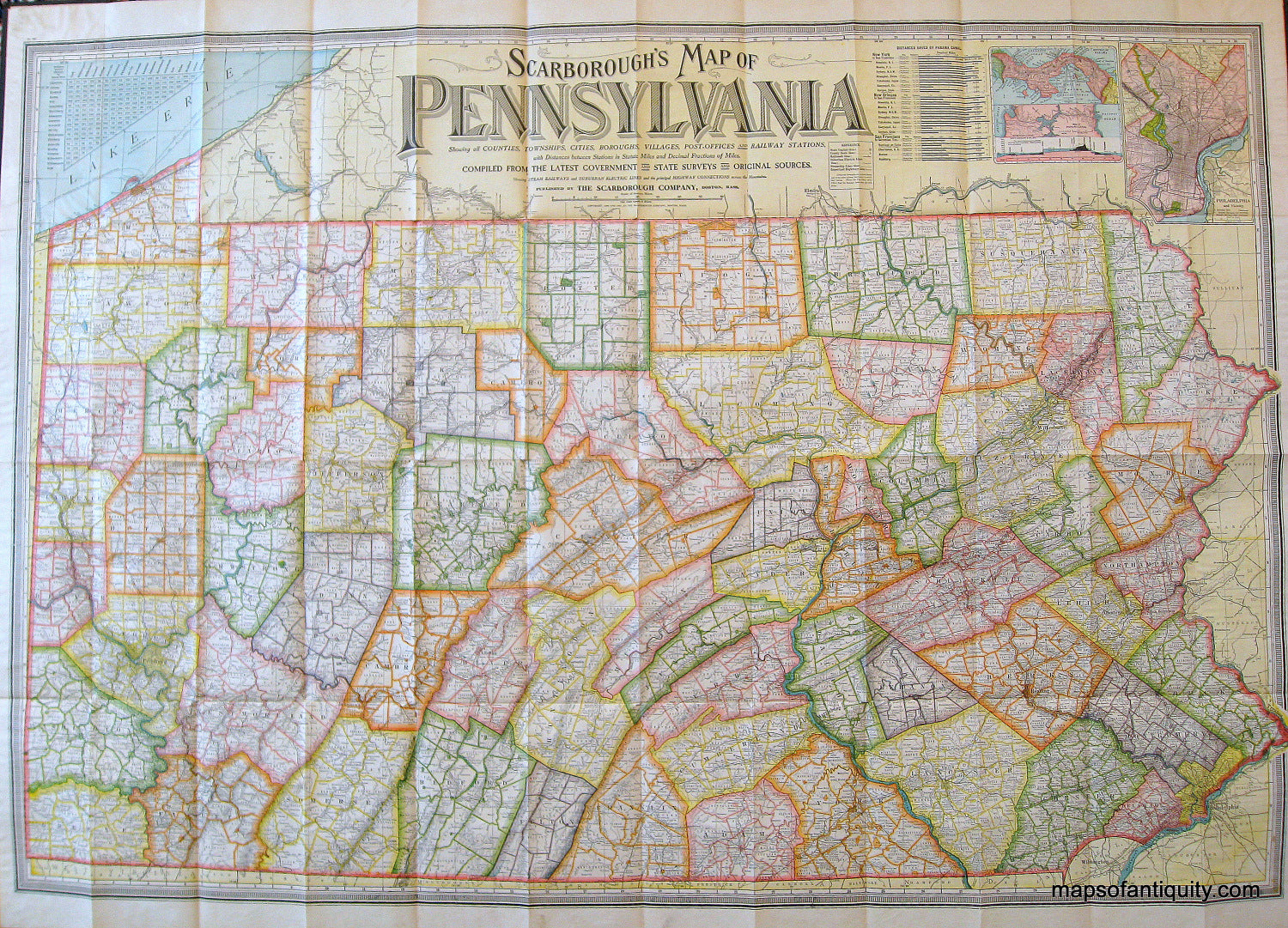 1907 - Pennsylvania Folding Map by the Scarborough Company - Antique M ...