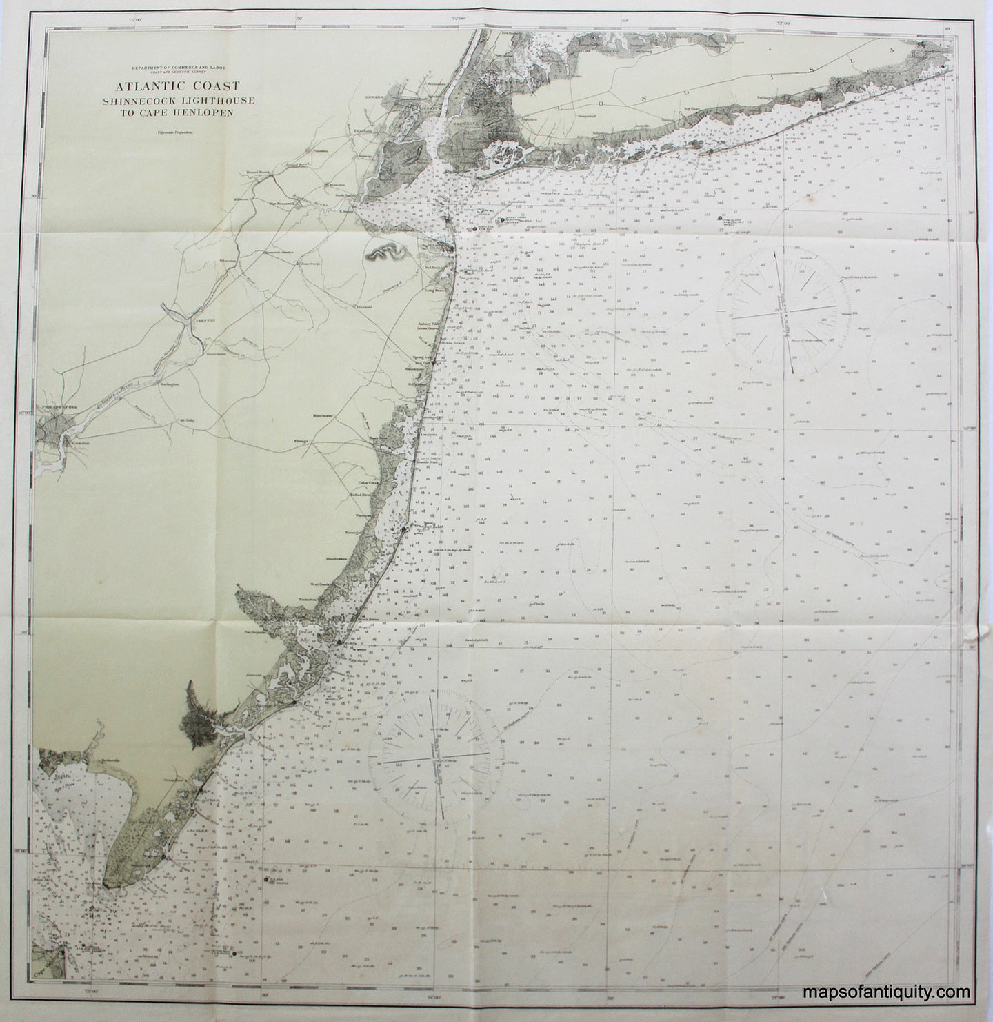Printed-Color-Antique-Map-Atlantic-Coast-Shinnecock-Lighthouse-to-Cape-Henlopen-**********-United-States-Mid-Atlantic-1904-Department-of-Commerce-and-Labor-Coast-and-Geodetic-Survey-Maps-Of-Antiquity