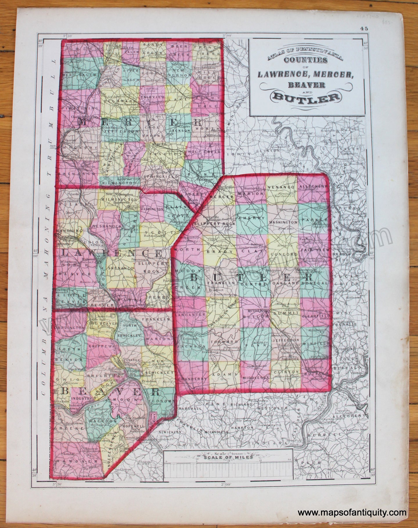 Antique-Map-Counties-Lawrence-Mercer-Beaver-Butler-Pennsylvania