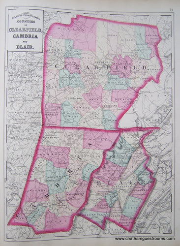 Antique-Map-Counties-Clearfield-Cambria-Blair-Pennsylvania