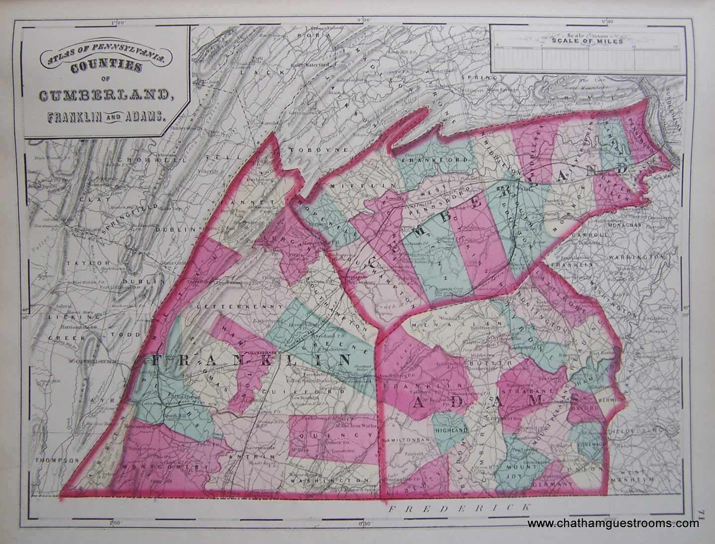 Antique-Hand-Colored-Geological-Map-Counties-of-Cumberland-Franklin-and-Adams-Pennsylvania-United-States-Mid-Atlantic-1872-Walling-and-Gray-Maps-Of-Antiquity