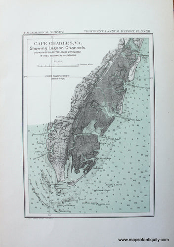 Antique-Printed-Color-Chart-Cape-Charles-Virginia-Showing-Lagoon-Channels--**********-United-States-Mid-Atlantic-1893-US-Geological-Survey-Maps-Of-Antiquity