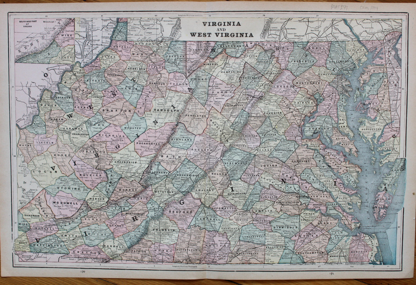 Antique-Printed-Color-Map-Virginia-and-West-Virginia-verso:-Richmond-and-Manchester-(VA)-and-Georgia.--United-States-Mid-Atlantic-1894-Cram-Maps-Of-Antiquity